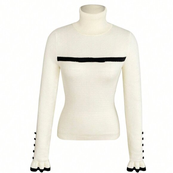 Beige Casual Women's Turtleneck Ruffled Button Long Sleeve Knit Sweater With Bow - Picture 3 of 8